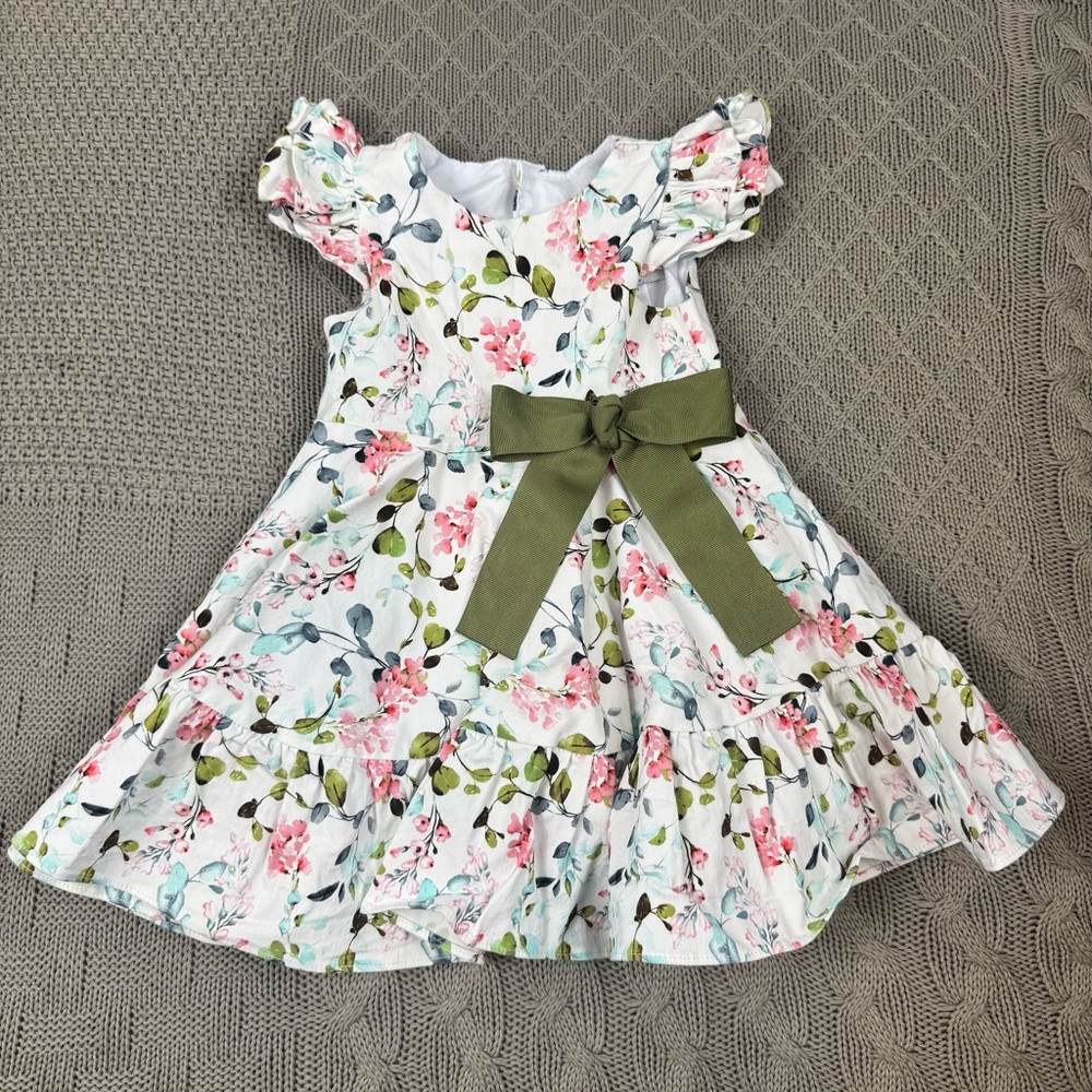 Erika Schnurbusch Floral Girls Dress with Green Bow ~ 2 - Picture 1 of 10
